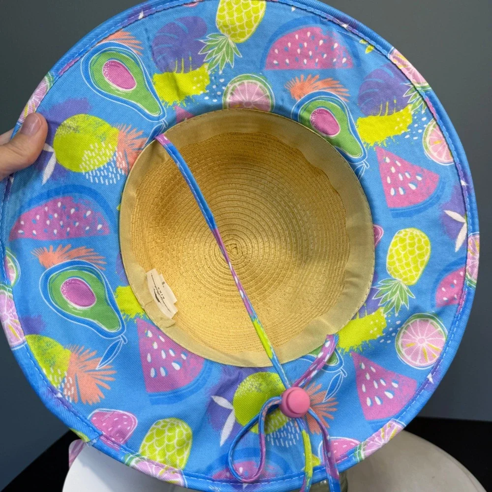 Tommy Bahama Kids Straw Sun Hat Tropical Fruit Print Wide Brim Adjustable Strap